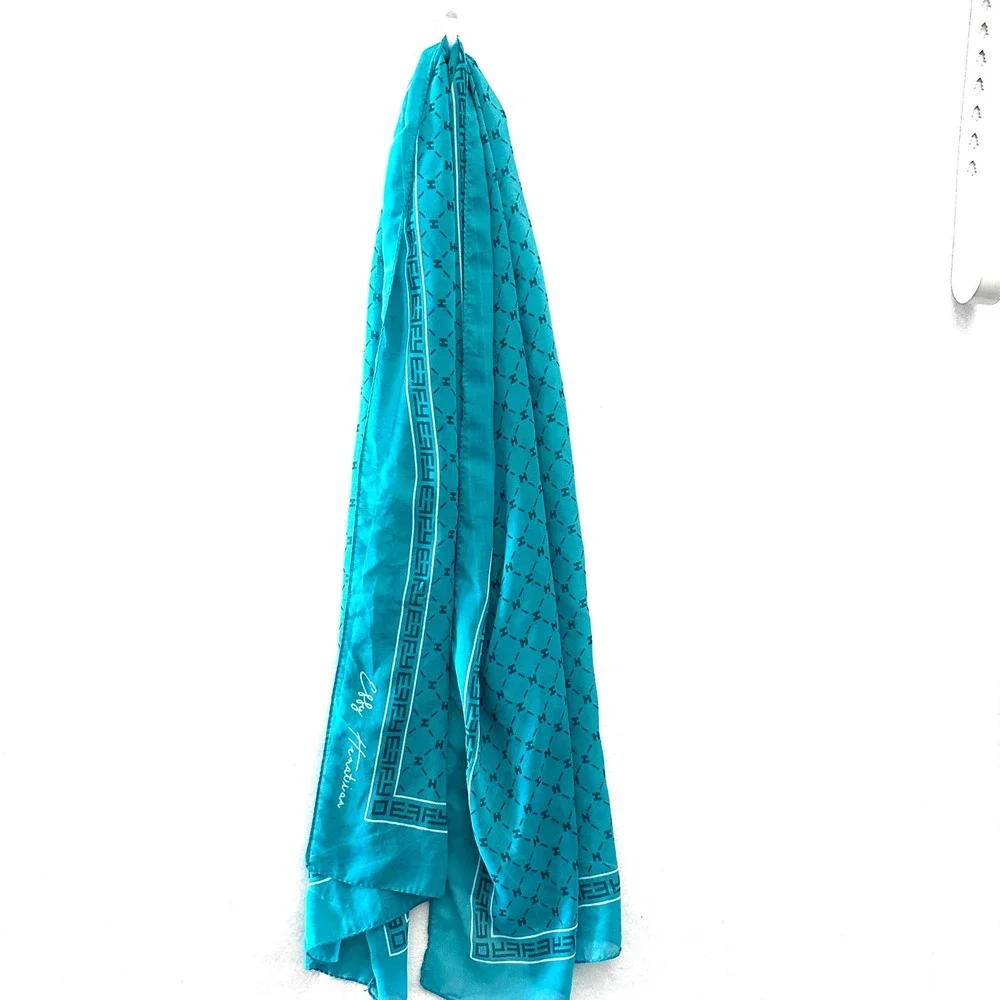 Effy Hematian 59x18 Turquoise Blue Monogram H Logo Oblong Scarf Greek Key Border